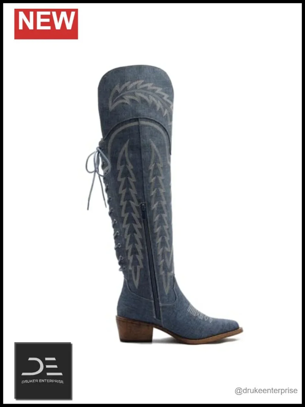Women's Over Knee Thigh High Cowgirl Boots Low Heel Pointed Toe Faux Leather